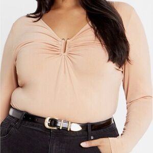 Long Sleeve V-Neck Ruched Front Top in nude , City Chic Izzy top